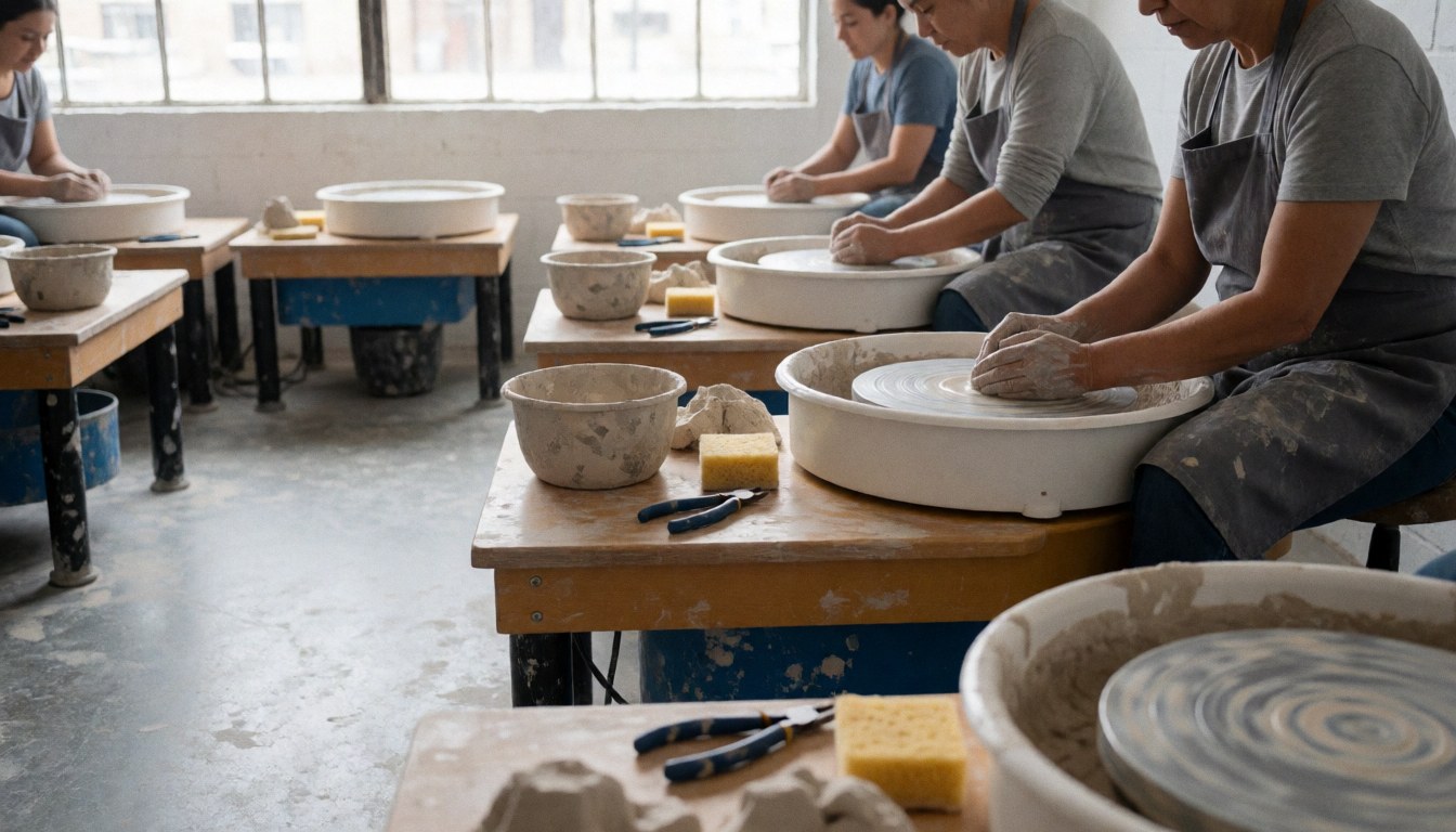 Artists shaping clay on pottery wheels with visible tools and materials in a workshop setting