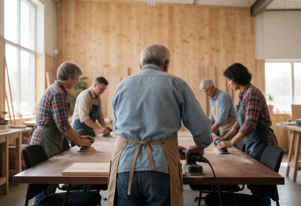 A carpenter sands a wooden table in a workshop with natural light and wood walls, demonstrating furniture repair services.