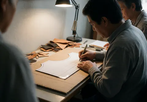 Close-up of hands tracing a leather pattern on cardboard in a workshop with tools and leather pieces visible under desk light