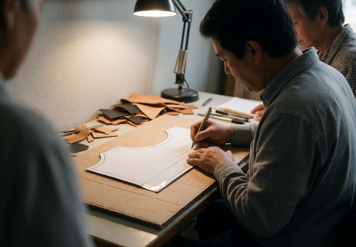 Close-up of hands tracing a leather pattern on cardboard in a workshop with tools and leather pieces visible under desk light