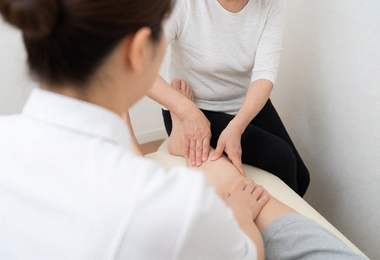 Close-up view of a therapist's hands performing a therapeutic massage on a client's leg during a professional service session.