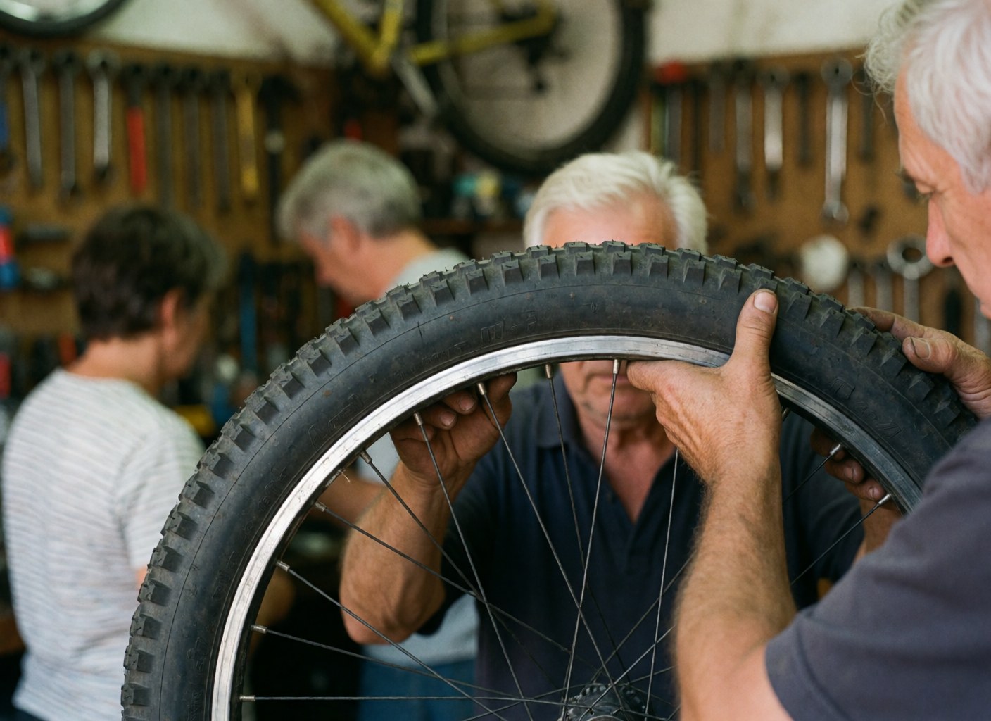 A bicycle mechanic installs a tire onto a rim with tools visible in the background of the repair shop.