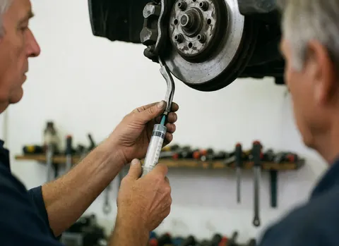 Close-up of a bicycle mechanic using a syringe to adjust the brake caliper system with tools visible on a shelf against a white background.
