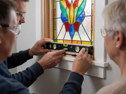 Three workers use a level to adjust a colorful stained glass panel within a wooden frame during installation.