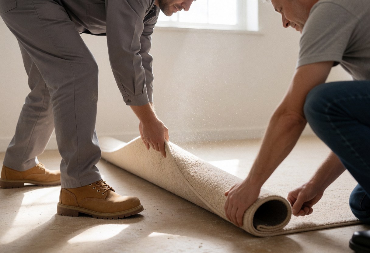 Two workers install a beige carpet over a subfloor in a room with natural light, showcasing the carpet installation service in action.