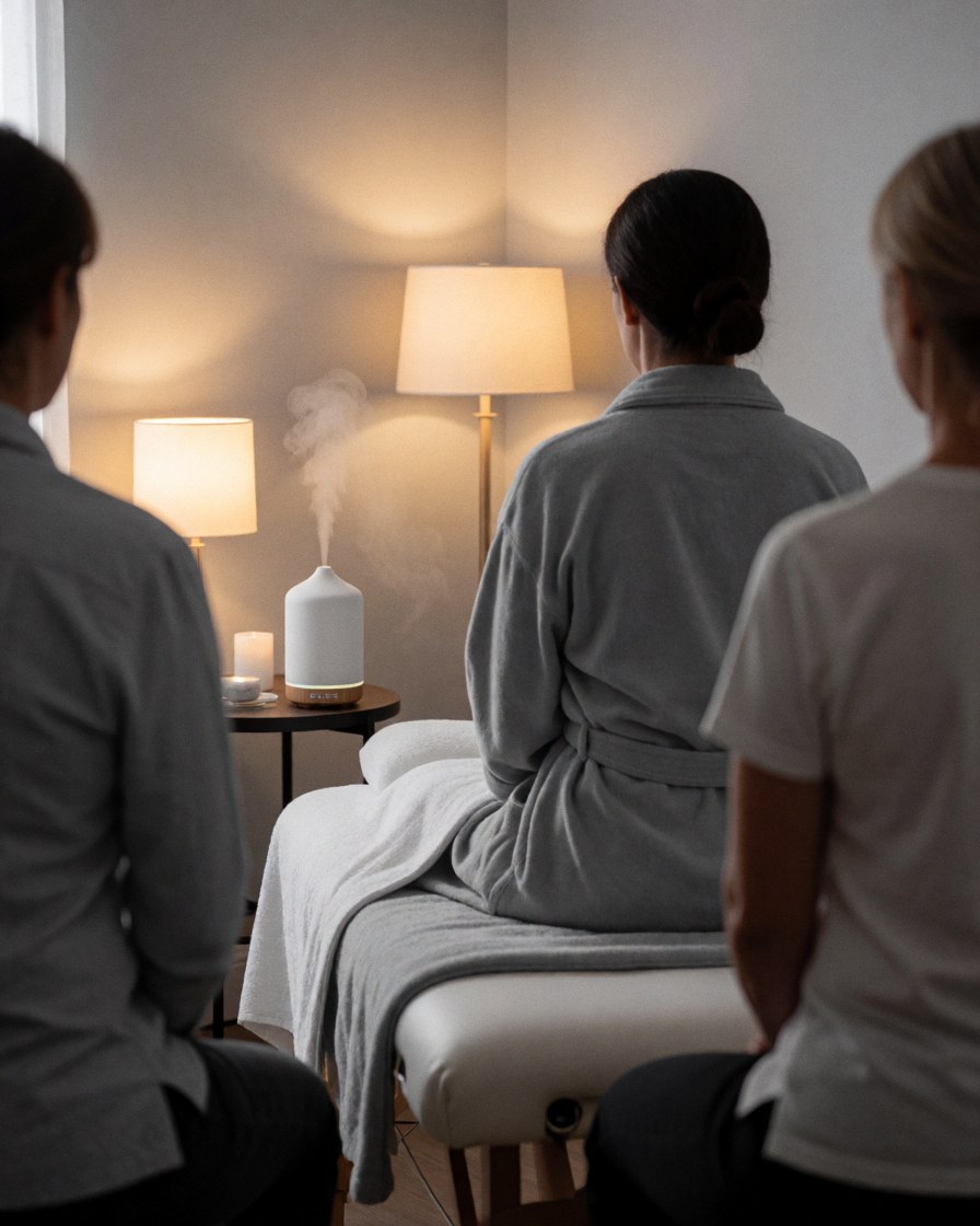 A relaxed customer enjoying a therapeutic massage in a warm room with a diffuser and soft lighting for wellness.