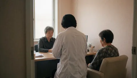 A homeopathic practitioner in white clothing attends to a seated patient during a consultation in a professional office setting with beige walls and natural light.