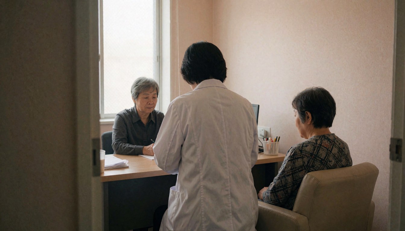 A homeopathic practitioner in white clothing attends to a seated patient during a consultation in a professional office setting with beige walls and natural light.