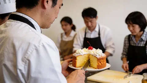 A chef serves a slice of cake topped with cream and a cherry during a cooking class in a room with white walls.