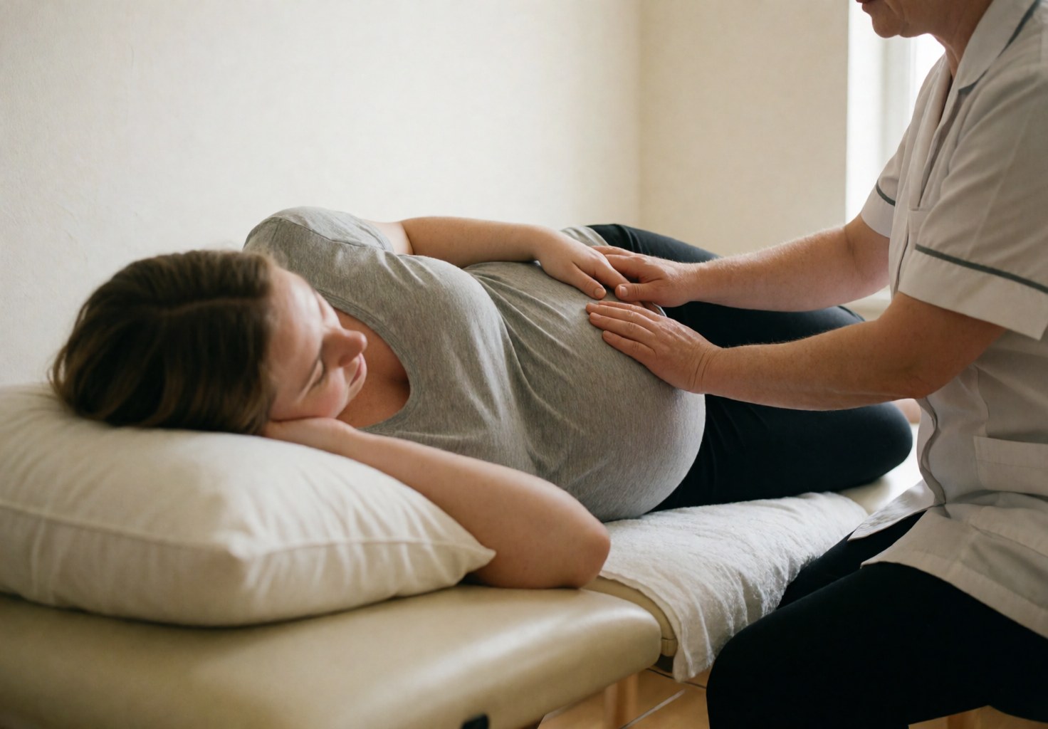 Hands of a reiki practitioner placed gently on the abdomen of a pregnant woman lying on a massage table in a serene professional setting.