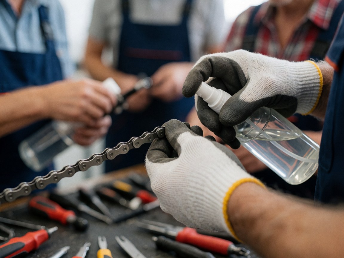 Close-up of gloved hands applying lubricant to a bicycle chain on a workbench during maintenance