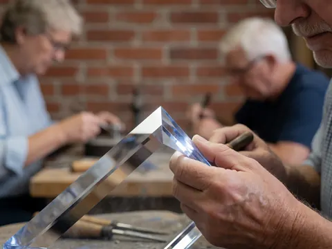 Close-up of a craftsman's hand using a tool to carve and polish a bevel on clear glass at a workbench.