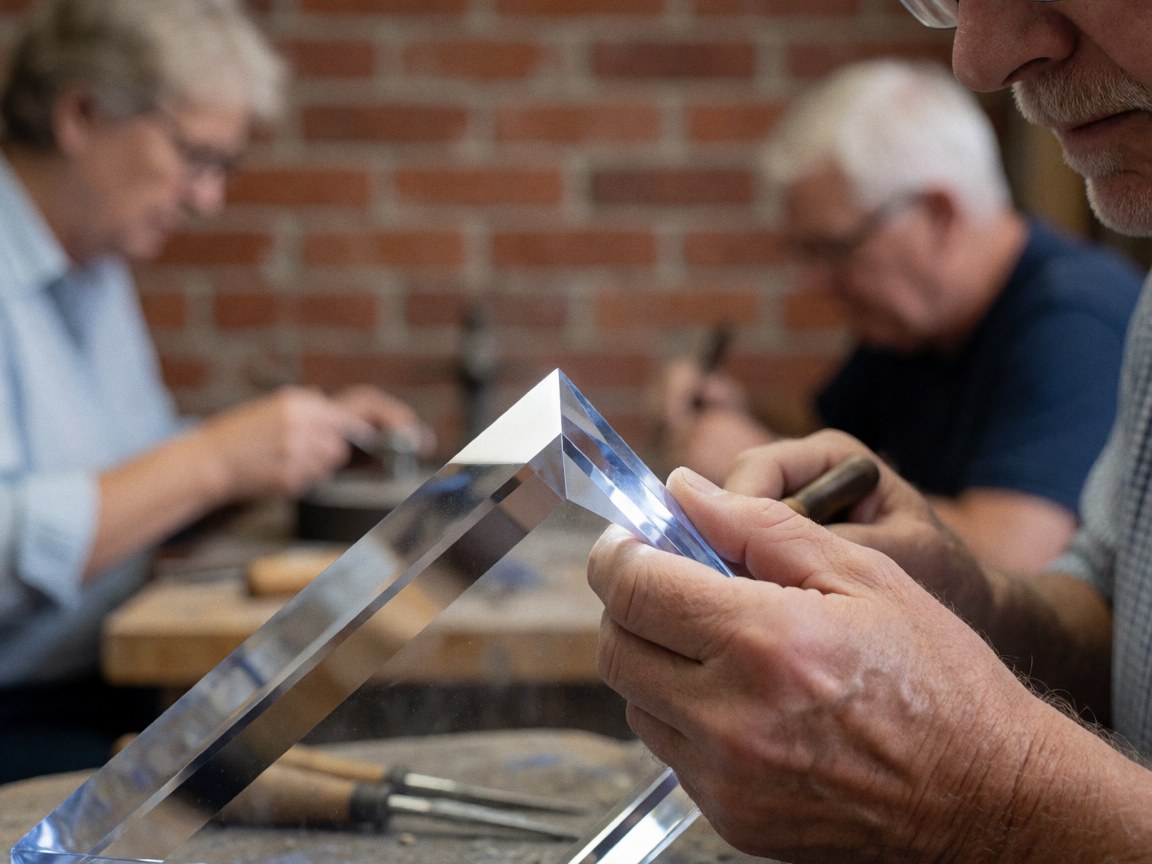 Close-up of a craftsman's hand using a tool to carve and polish a bevel on clear glass at a workbench.