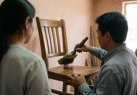 A carpenter uses a bristle brush to clean a wooden chair in a workshop with light walls and natural lighting.