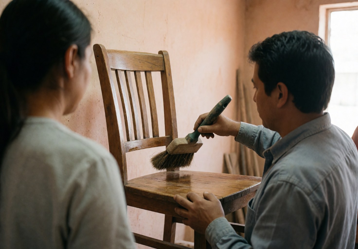 A carpenter uses a bristle brush to clean a wooden chair in a workshop with light walls and natural lighting.
