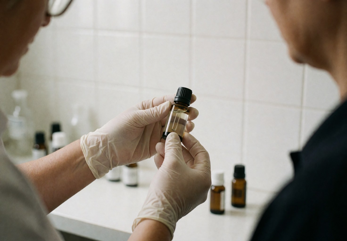 A therapist wearing white gloves holds a clear essential oil bottle on a clean counter with white tiles in an aromatherapy center.