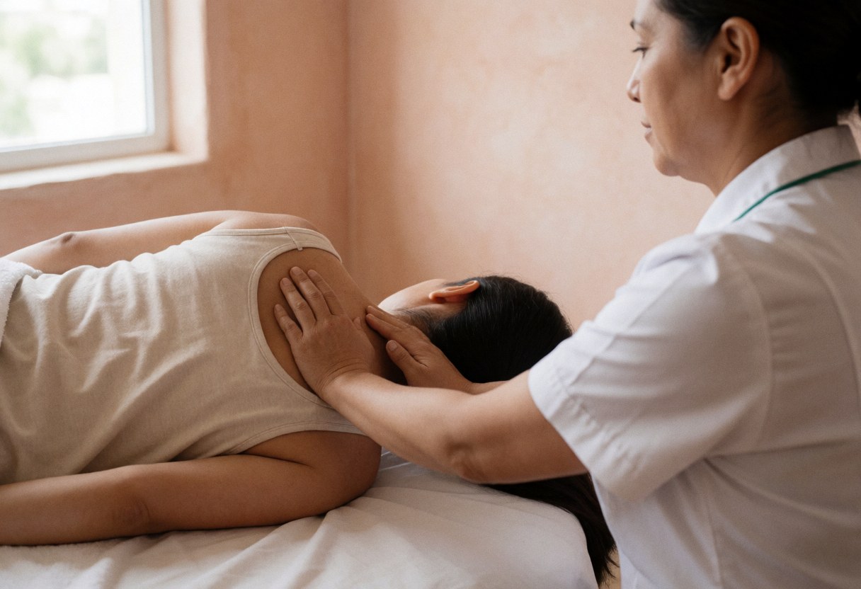Close-up view of therapist's hands applying pressure to a client's back while lying on a treatment table in a room with natural window light and terracotta plaster walls.