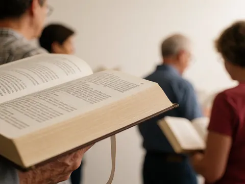 Close-up view of an open book held in hands resting on a light-colored table surface with blurred background details.