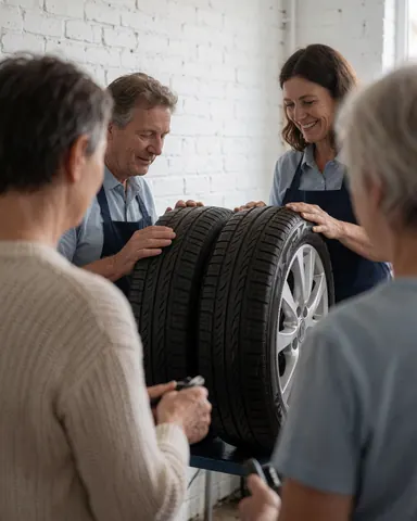 Clients observing shiny clean rims at an auto wash shop with white brick walls during a service in action.
