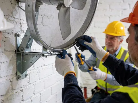 A technician repairs a metal mesh ceiling fan mounted on a white brick wall using hand tools and safety equipment.