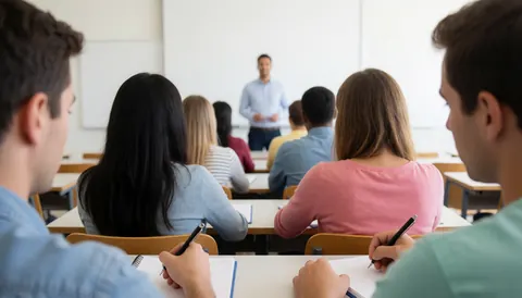 University students taking notes in class with a teacher at the whiteboard, educational scene with natural light and white walls.