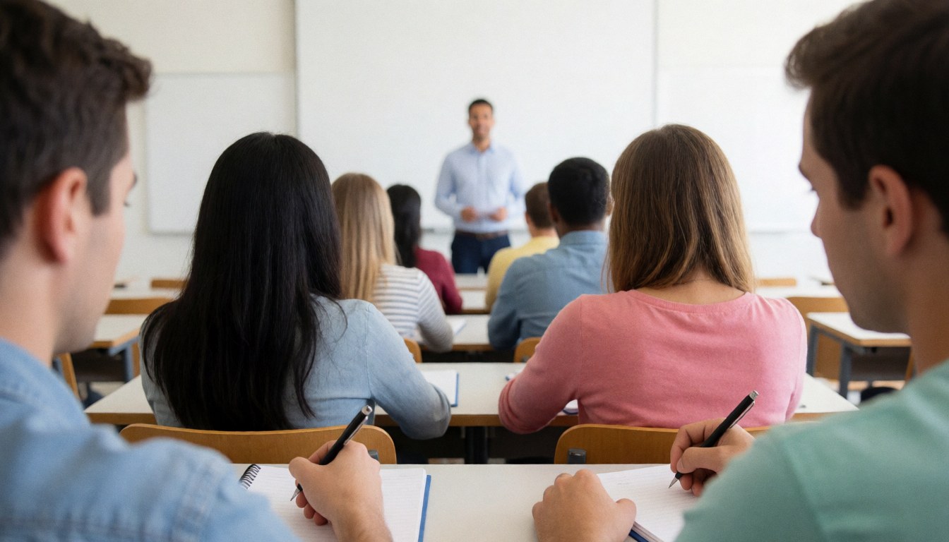 University students taking notes in class with a teacher at the whiteboard, educational scene with natural light and white walls.