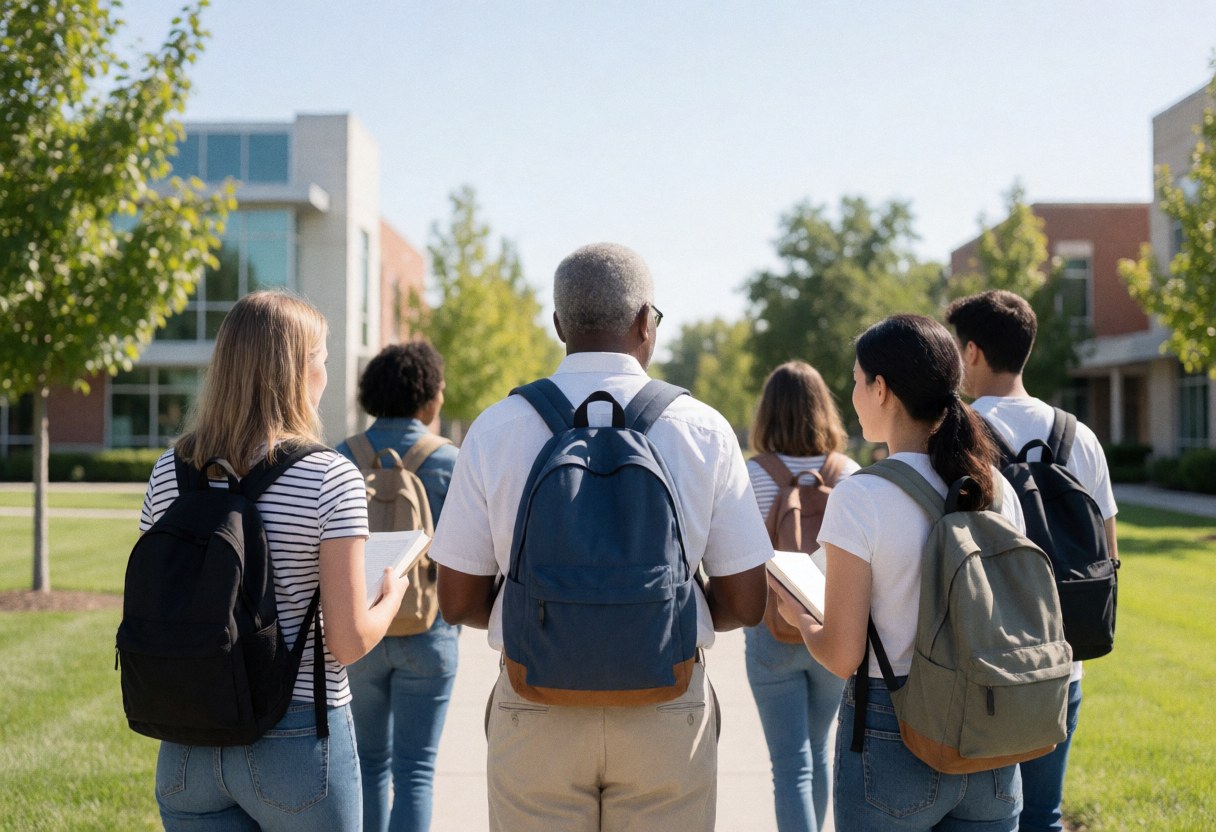 Students with backpacks walking across a modern university campus featuring buildings and grass under bright sunlight