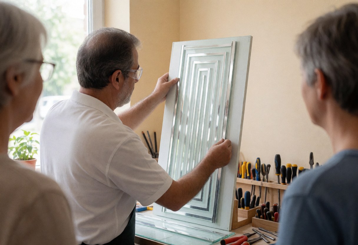 A craftsman wearing safety glasses installs a decorative glass panel in a workshop with beige walls and tools.