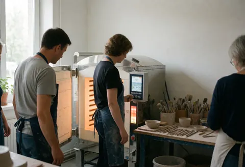 Ceramic artist inspecting a digital kiln in a workshop surrounded by tools and pottery.