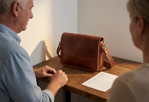 Handmade leather bag with an invoice resting on a wooden table, showcasing a retail sales scene for leather craftsmen.