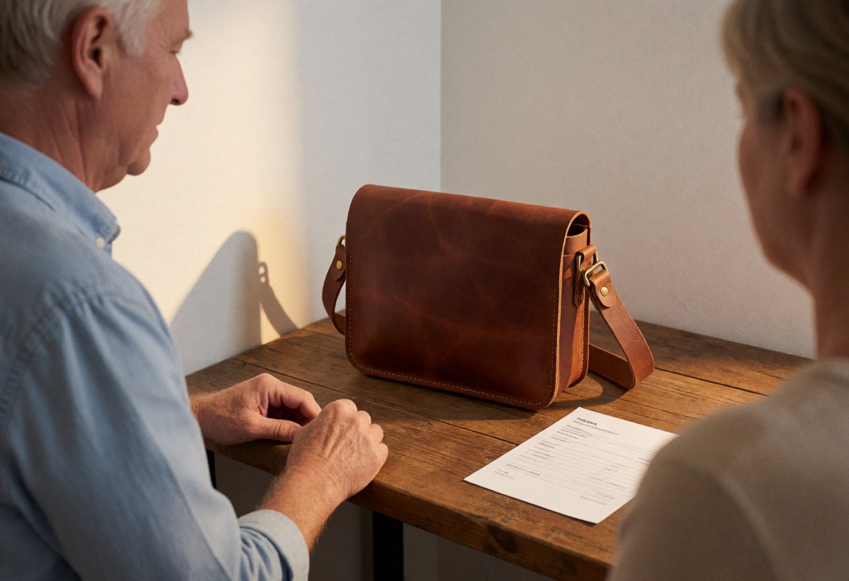 Handmade leather bag with an invoice resting on a wooden table, showcasing a retail sales scene for leather craftsmen.