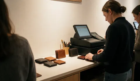 A saleswoman attending to leather wallets on a store counter with a cash register and warm white wall background.