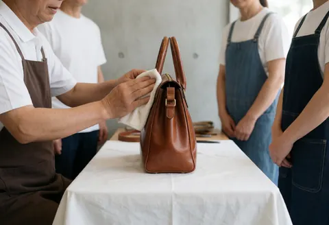 A craftsman cleans a brown leather bag on a white table with concrete walls and observers watching the restoration process.
