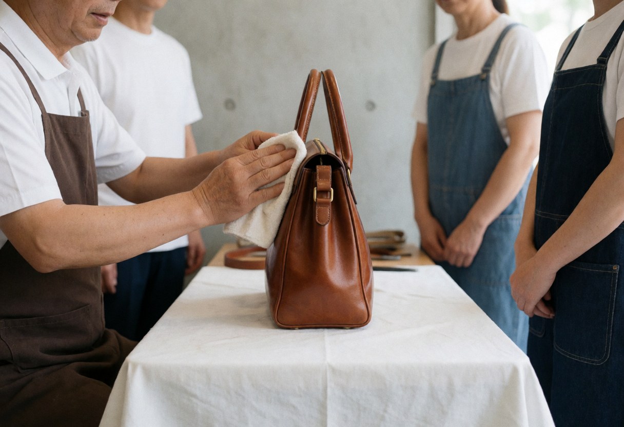 A craftsman cleans a brown leather bag on a white table with concrete walls and observers watching the restoration process.