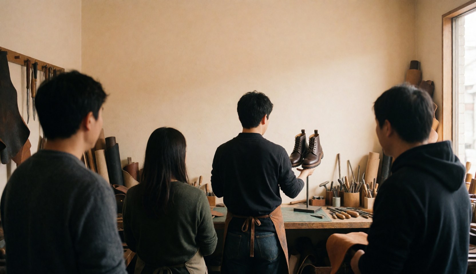 A leather craftsman shows off completed boots in a workshop with tools and beige walls.