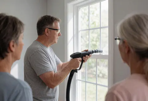 Technician uses a professional vacuum tool to clean a white window in a room with gray walls while two people watch.