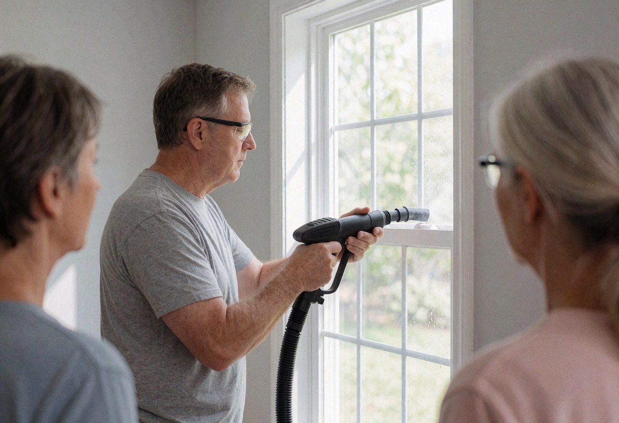 Technician uses a professional vacuum tool to clean a white window in a room with gray walls while two people watch.