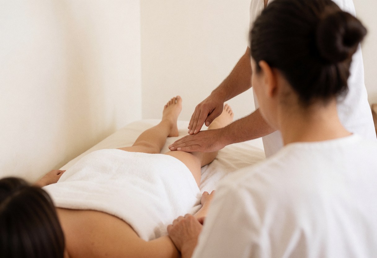 Hands applying therapeutic massage to a client on a white table in a bright salon with natural light.