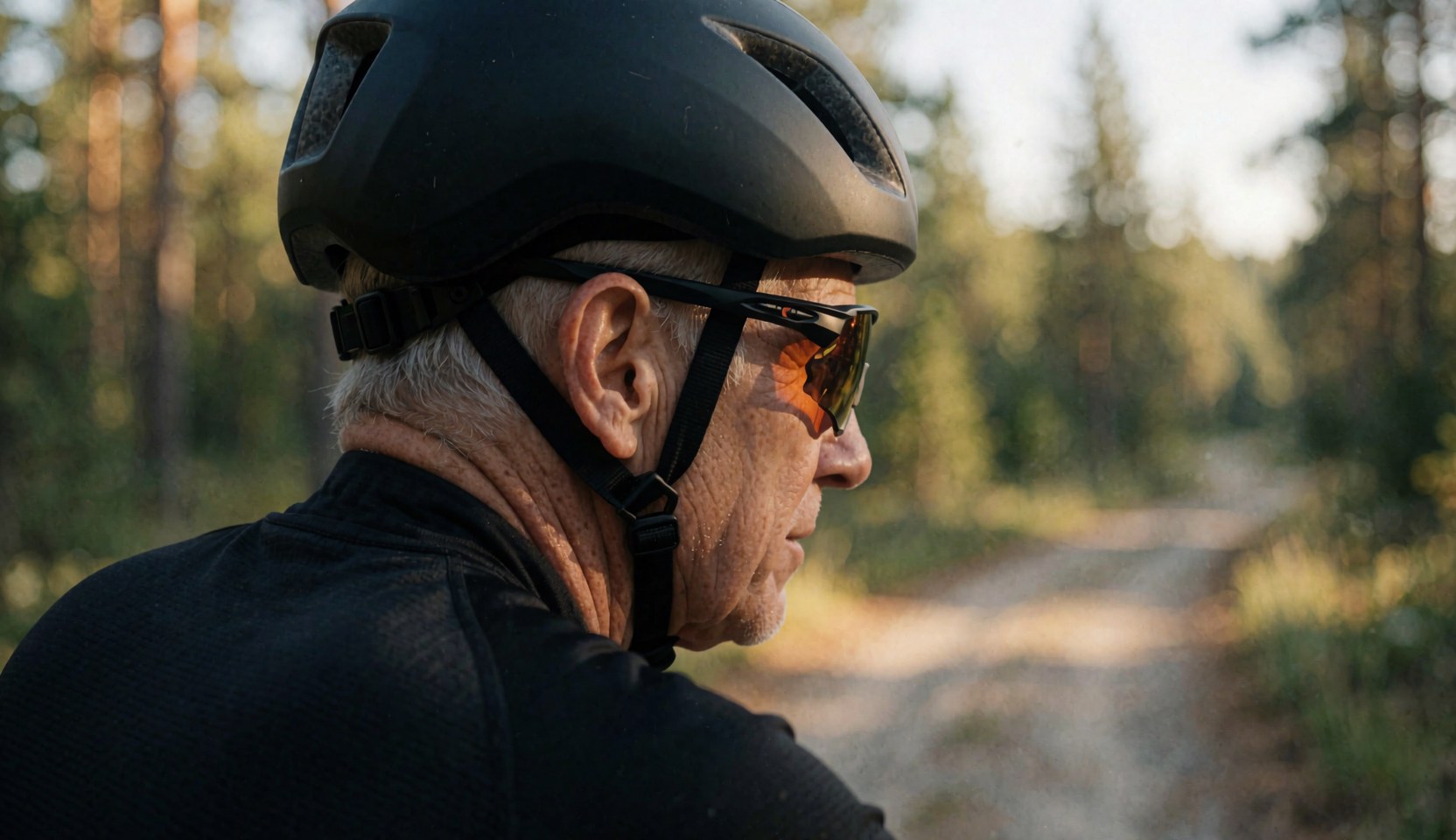 A cyclist with a black helmet and polarized sunglasses rides along a forest path during sunset.