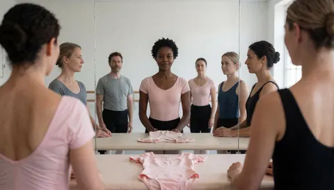 Group of ballet dancers in a studio with mirrors, leotards, and bars showing classical dance practice