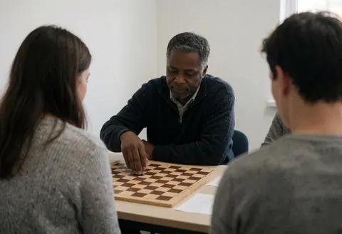 Adult playing chess in a school with visible board and white walls showing training service.