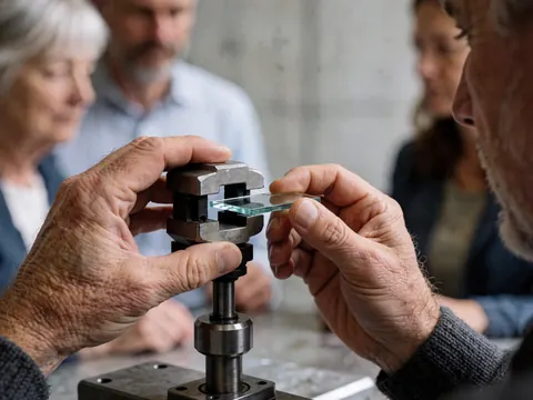 Close-up of a watch repair technician using a specialized tool to adjust a watch crystal in a workshop setting.