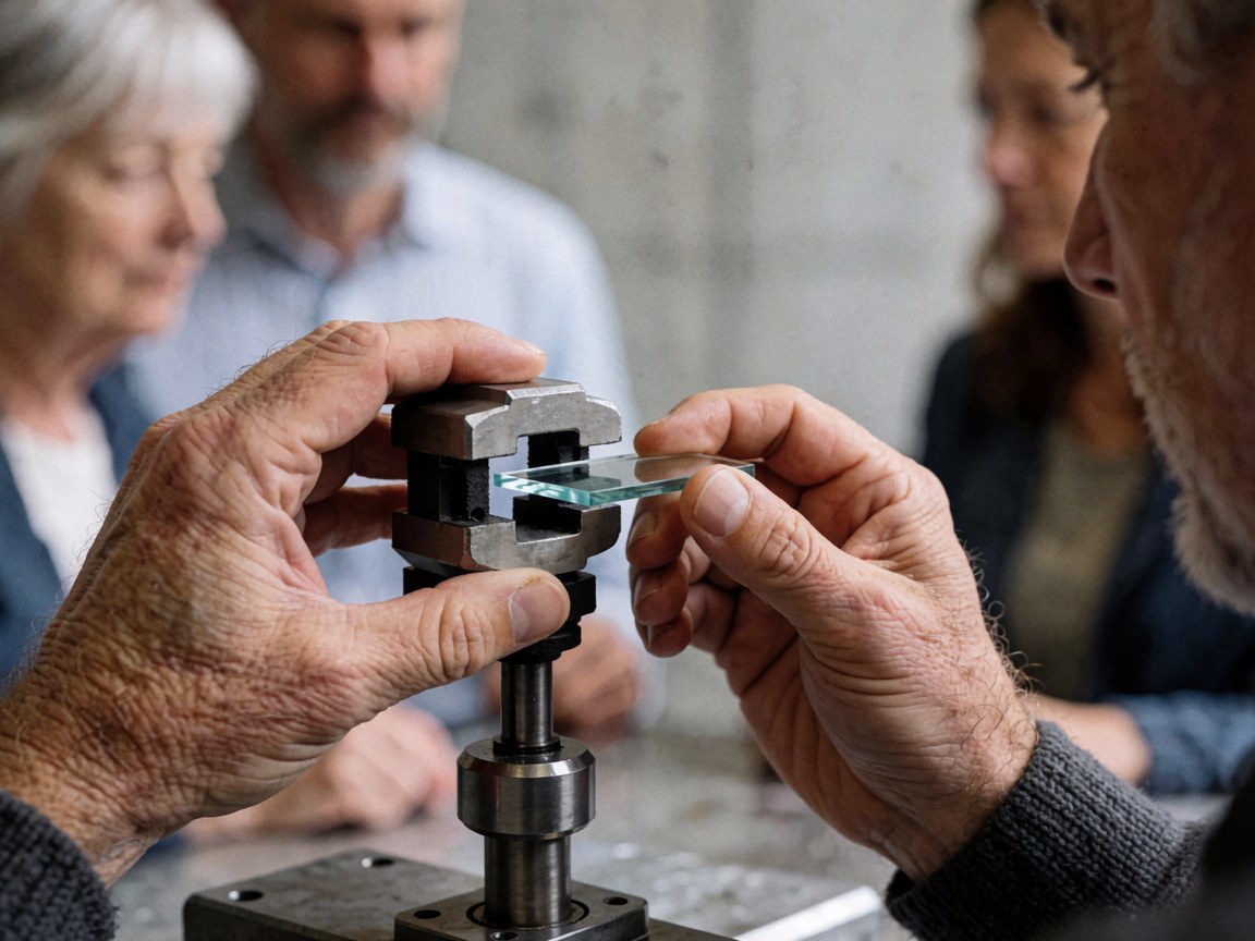 Close-up of a watch repair technician using a specialized tool to adjust a watch crystal in a workshop setting.