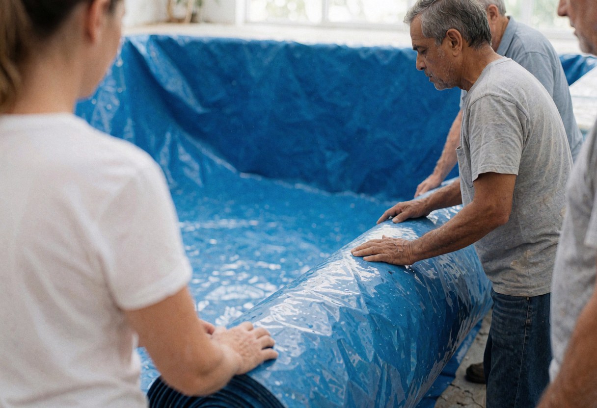 Workers install a blue liner into an empty swimming pool during new construction.