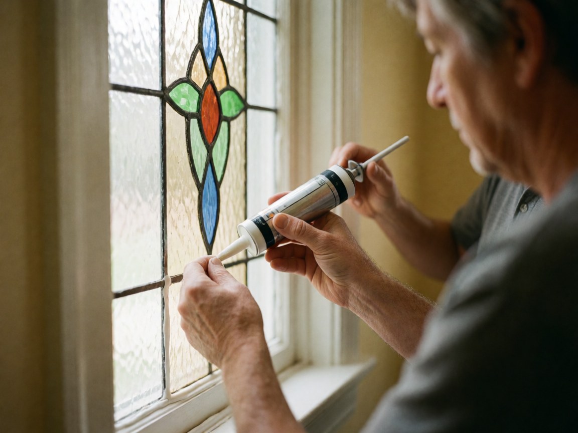 A hand applies sealant along the edge of a colorful stained glass window panel set in a beige wall frame.