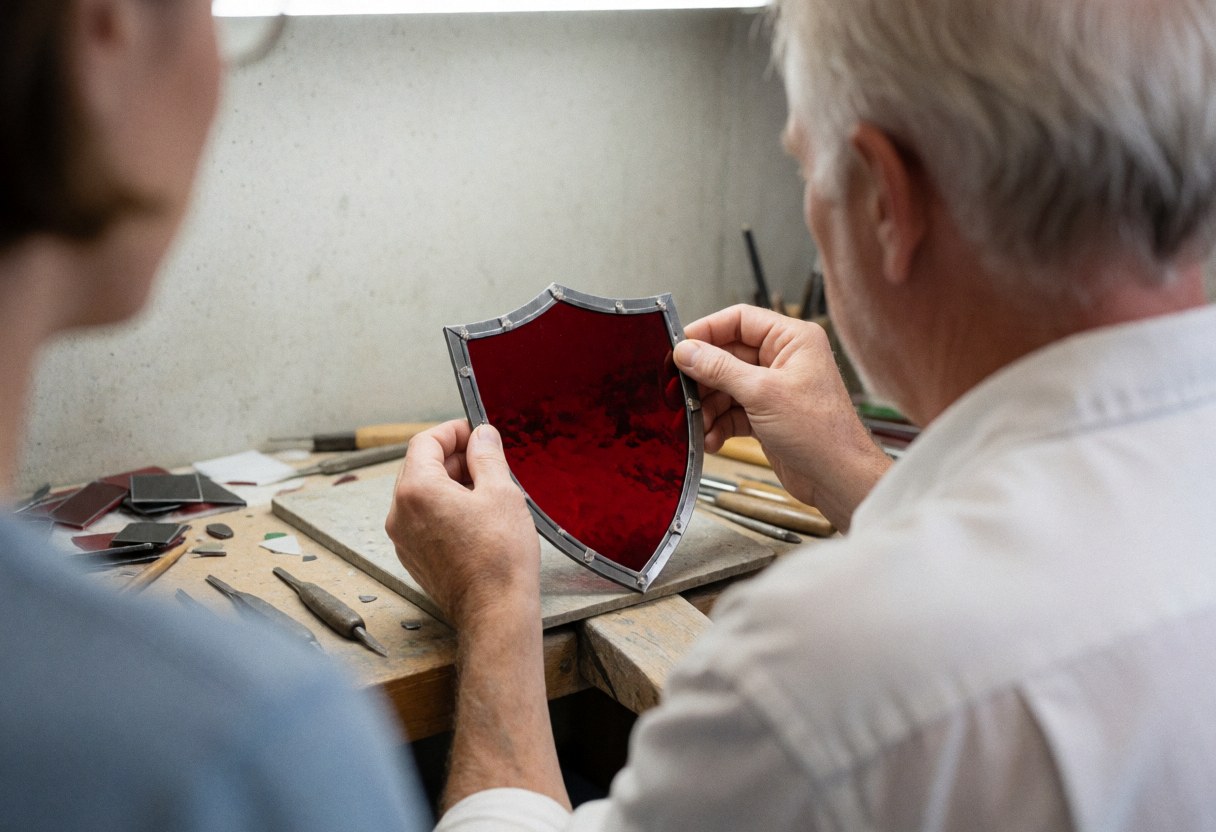 Close-up view of a decorative glass artist assembling a red heraldic shield using specialized tools in a workshop setting.