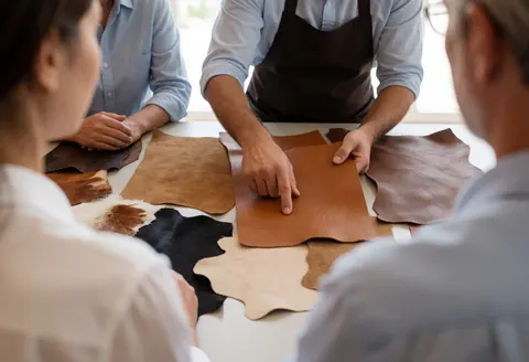A leather artisan displays a piece of leather to seated clients at a table with other samples.
