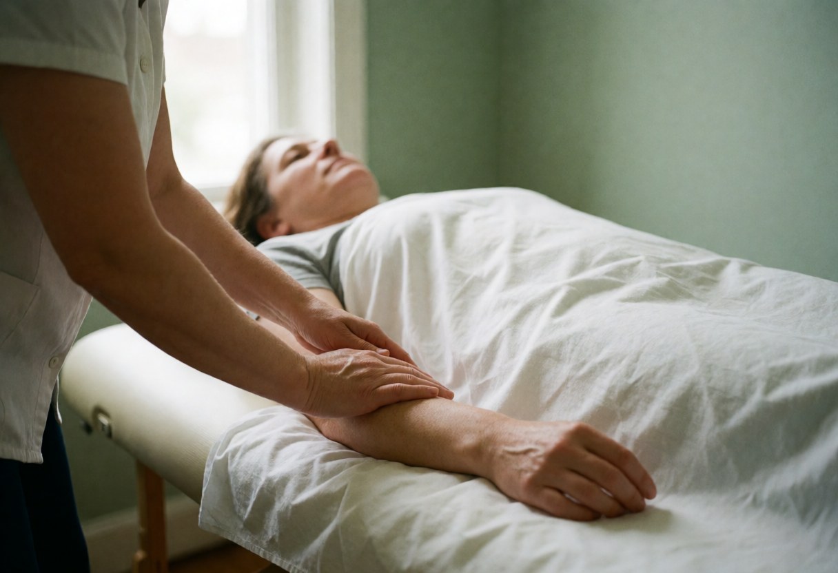 Close-up of a therapist's hands performing a therapeutic massage on a client's arm while lying on a white treatment table in a clinic with green walls and natural light.