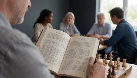 A person studies an opening theory book while playing chess in a classroom with gray walls and others playing in the background.