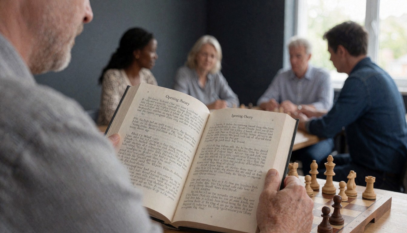 A person studies an opening theory book while playing chess in a classroom with gray walls and others playing in the background.